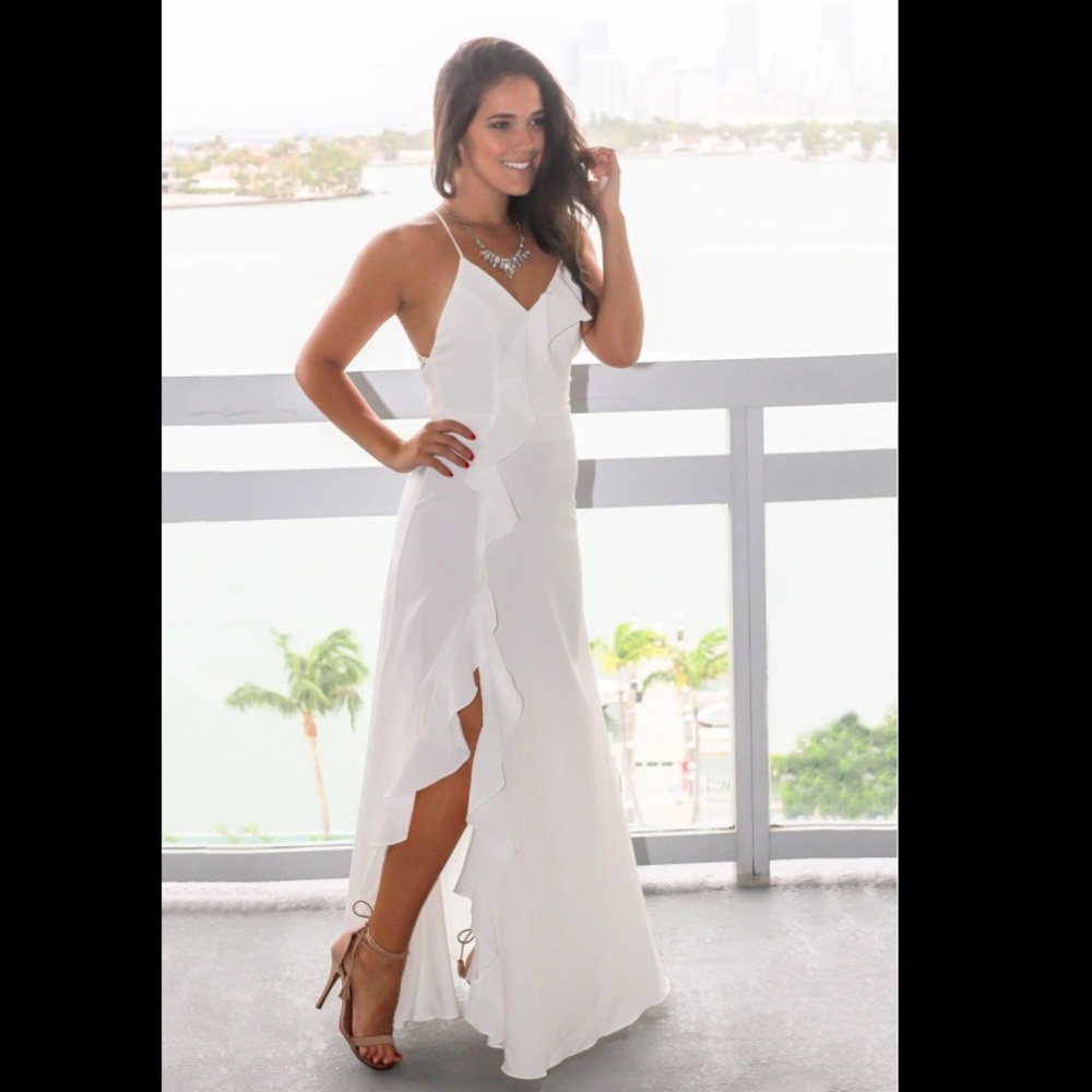 NWT Vow’d white long dress, flowing front and tails in back, spaghetti straps